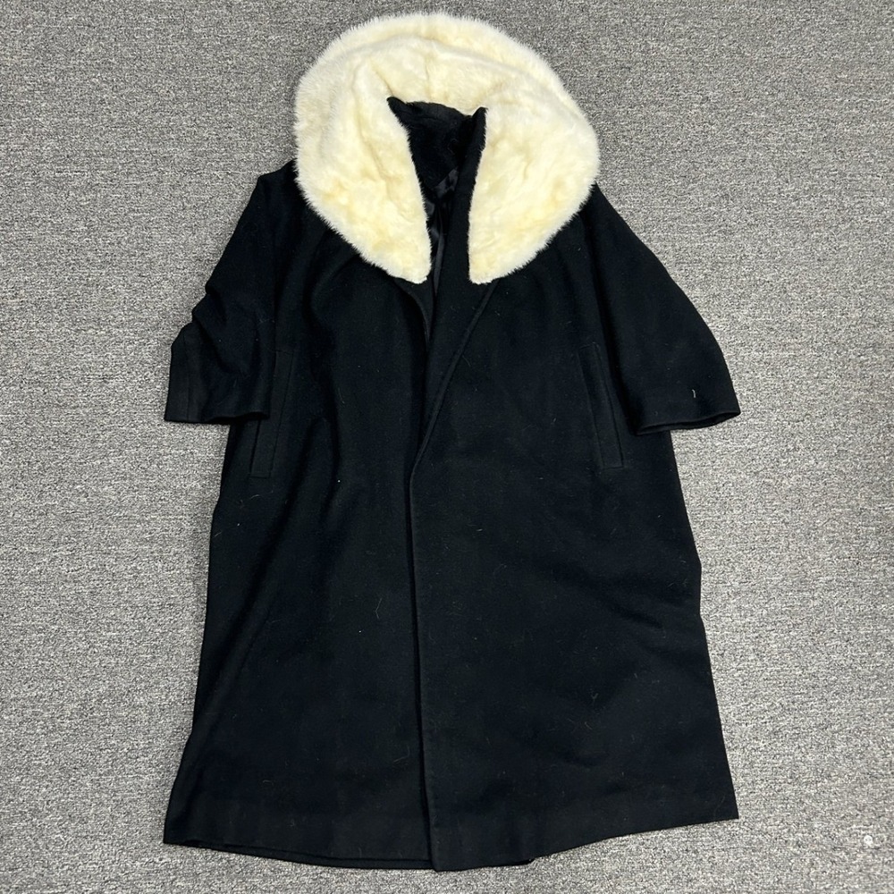 Bernhard Altmann Cashmere Coat Womens L Black Faux Fur Collar Vintage Swing B4
